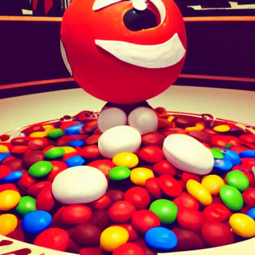 Image similar to a single red m & m candy with white arms and legs, a red sphere wearing a white baseball cap, eminem as the red m character standing on a floor covered with m & m candies, m & m candy dispenser!!!, m & m plush, unreal engine, studio lighting, unreal engine, volumetric lighting, artstation, cosplay, by hans bellmer