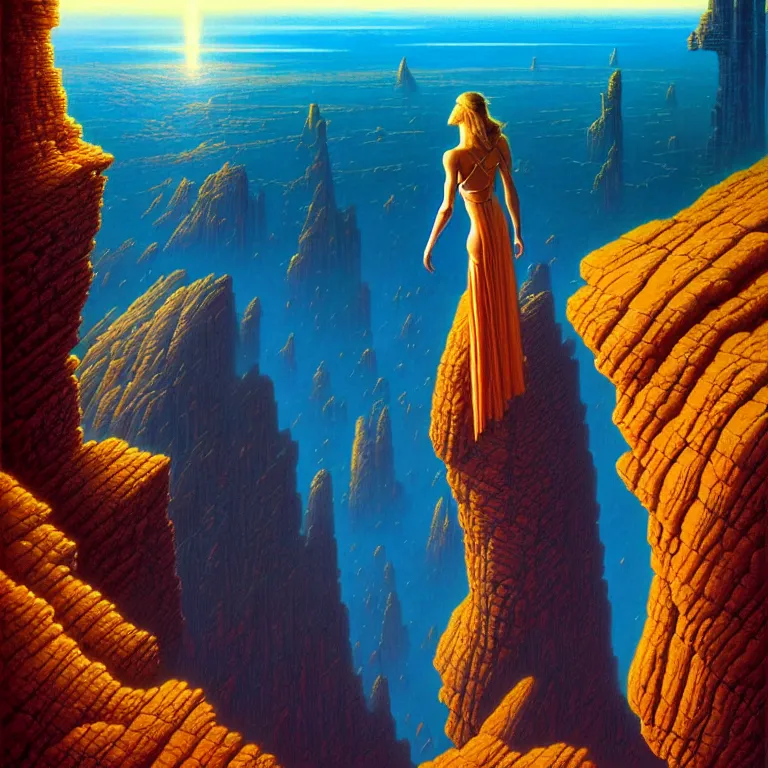 Prompt: a beautiful girl with the head of an astronaut standing on the edge of a cliff, wide angle, tim hildebrandt, bruce pennington, donato giancola, oil on canvas, masterpiece, trending on artstation, cinematic composition, dramatic pose, beautiful lighting, sharp, details, hyper - detailed, hd, hdr, 4 k, 8 k