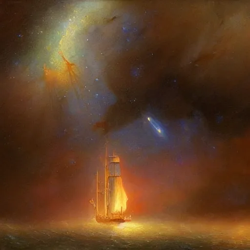 Image similar to sailing ship, cosmic nebula, artstation, by andrea rocha, by ivan aivazovsky, by john harris, impressionism, watercolor, dramatic scenery, hdr