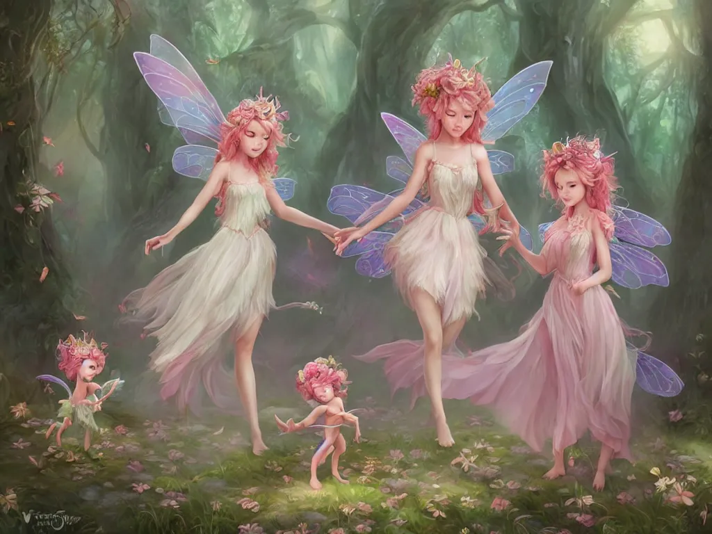 Image similar to two cute fairy in the dreamy forest, fantasy, dreamlike, 8 k resolution, hyper detailed, d & d, character design, digital painting, trending on artstation, sharp focus, illustration, art by artgerm, viktoria gavrilenko, hoang lap, fuji choko, steve zheng