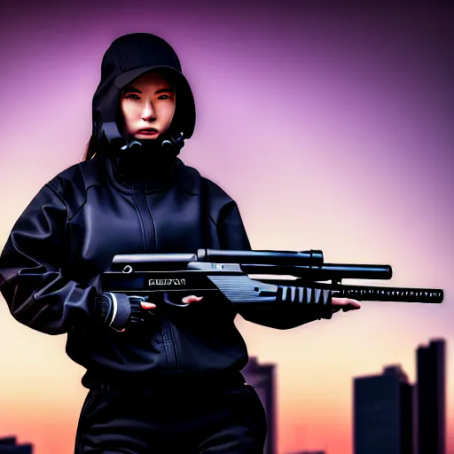 Prompt: photographic portrait of a techwear woman holding a shotgun, closeup, on the rooftop of a futuristic city at night, sigma 85mm f/1.4, 4k, 8k, hd, depth of field, high resolution, full color, Die Hard, movies with guns, movie firearms