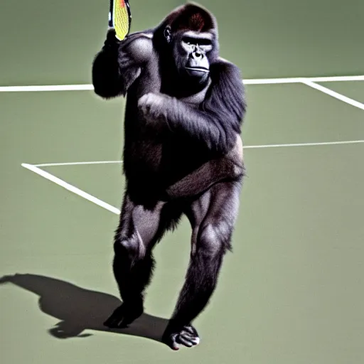 Prompt: photo of gorilla playing tennis