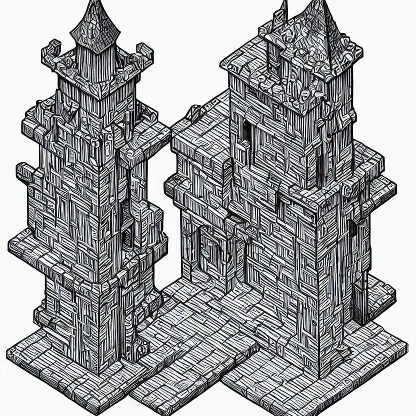 Prompt: isometric view of a wizard's tower, lineart