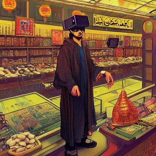 Image similar to byzantine bureaucrat wearing coolie hat and VR goggles with scrolling Chinese Arabic text standing behind counter in Hong Kong market, Dune concept art by Greg Rutkowkski, Brom, and Alphonse Mucha