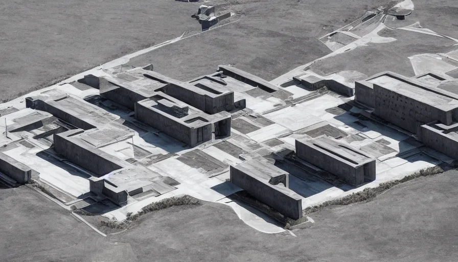Prompt: big brutalist military base on clliffs, drawing architecture, very long shot, top angle, pritzker architecture prize