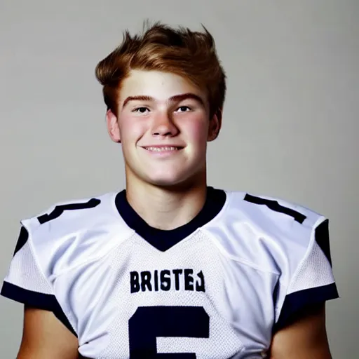 Prompt: headshot of a man on a white backdrop, quarterback cole briarson, aged 2 1 years old, a stock photo by mac conner, associated press photo