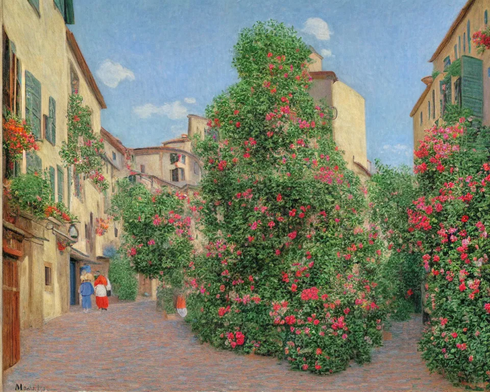 Image similar to a quaint, narrow italian street with cobblestones and flower baskets by hopper and monet