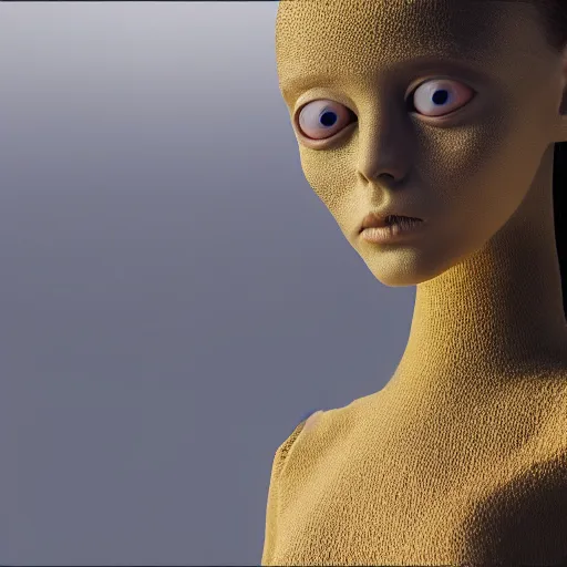 Image similar to a close up of a female fashion model with large eyes, clothes by issey miyake, standing on a martian landscape, cinematic movie scene, inspired by the movie the fifth element, by kim jung gi, hyperrealistic, fine details, octane render, volumetric moody lighting