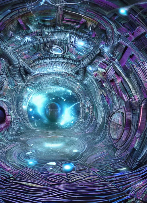 Prompt: the machine universe encounters a living cosmos inside an asymmetric orthogonal non - euclidean upside down inside out world with an infinite cosmic spiral waterfall of living information, inspired by android jones and blake foster, hyperrealistic, extreme detail, digital art, concept art, rendered in cinema 4 d, cryengine 8 k