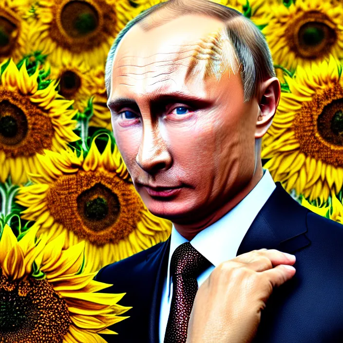 Image similar to photo portrait of Vladimir Putin - sunflowers - dressed in leisure shirt with ornamental ethereal sunflower pattern, natural skin tone, highly detailed realistic flowers ornament on the shirt, war in the background, hair, eyebrows and wrinkles are intricate with highly detailed realistic flowers, elegant, Realistic, Refined, Highly Detailed, natural soft pastel lighting colors scheme, fine art photography by Cecil Beaton, volumetric lighting, hyper realistic photography