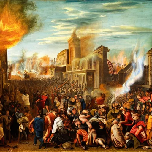 Prompt: the burning of the third precinct in Minneapolis, a Renaissance painting
