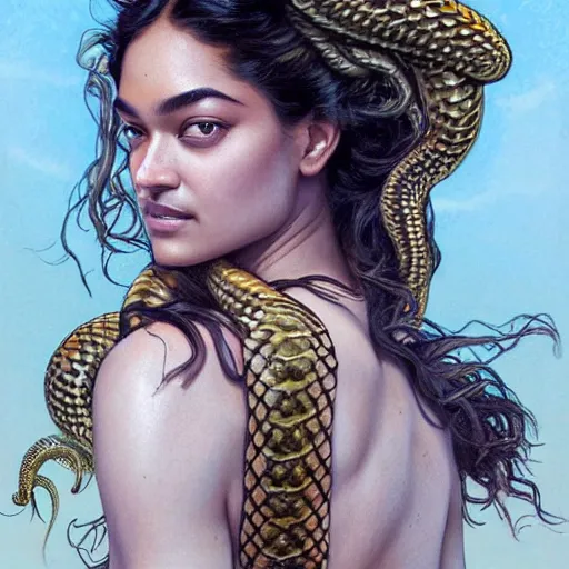 Prompt: Shanina Shaik as Medusa, frowning, scowl, snakes for hair, intricate, elegant, highly detailed, digital painting, artstation, concept art, smooth, sharp focus, illustration, art by artgerm and greg rutkowski and alphonse mucha