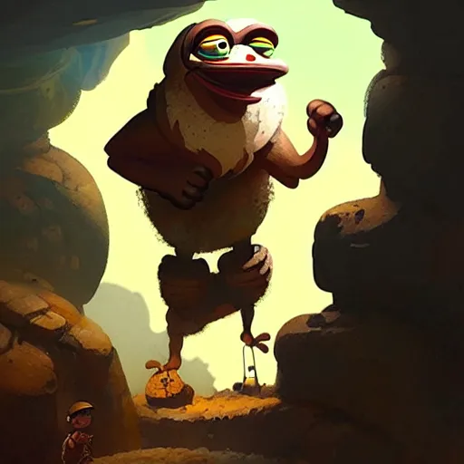 Image similar to happy pepe the miner in the cave, greg rutkowski