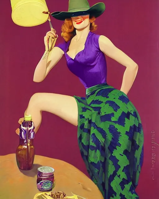 Image similar to Ril Mayer wearing purple green snakeskin cowhide motif and oversized cowboy hat promotes bottled bull run stimulant tonic SNAKE OIL, art by gil Elvgren and Ilya kuvshinov