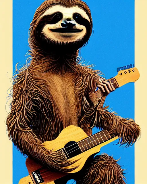 Prompt: realistic bipedal sloth, long airy fur, human face, playing a guitar, on a rock stage, in the style of noriyoshi ohrai, archibald thorburn, stylized, ornately detailed, chromatic aberration