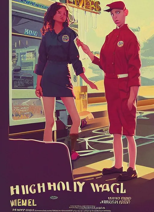 Image similar to poster artwork by Michael Whelan and Tomer Hanuka, Karol Bak of Zendaya a high school student working at the local diner, wearing rr diner uniform, from scene from Twin Peaks, clean