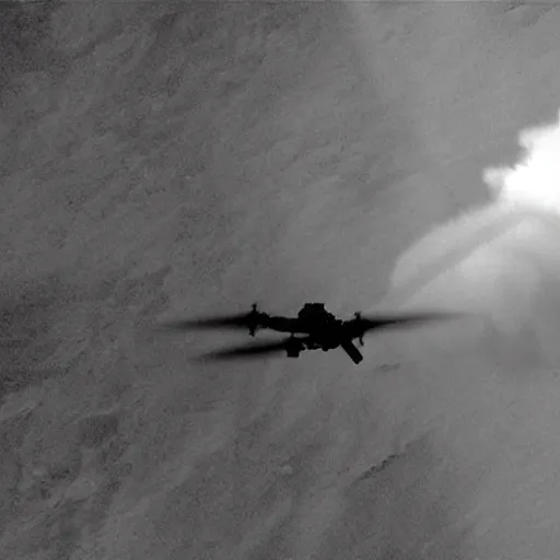 Prompt: combat drone strike war footage, ir, infrared camera, very high contrast, nuclear cloud, high angle vertical