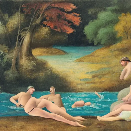 Image similar to The illustration depicts four bathers in a stream or river, with two men and two women. The bathers are shown in different positions, with one woman lying down and the other three standing. The illustration has a very naturalistic style, with trademark use of bold colors and brushstrokes. The overall effect is one of a peaceful scene, with the bathers enjoying the refreshing water. Greek by Richard Dadd, by Ludwig Mies van der Rohe frightful, playful