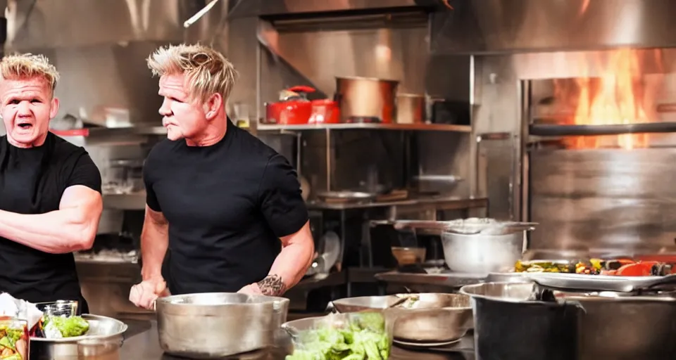 Image similar to photo of angry furious Gordon Ramsay punching Gordon Ramsay at the kitchen