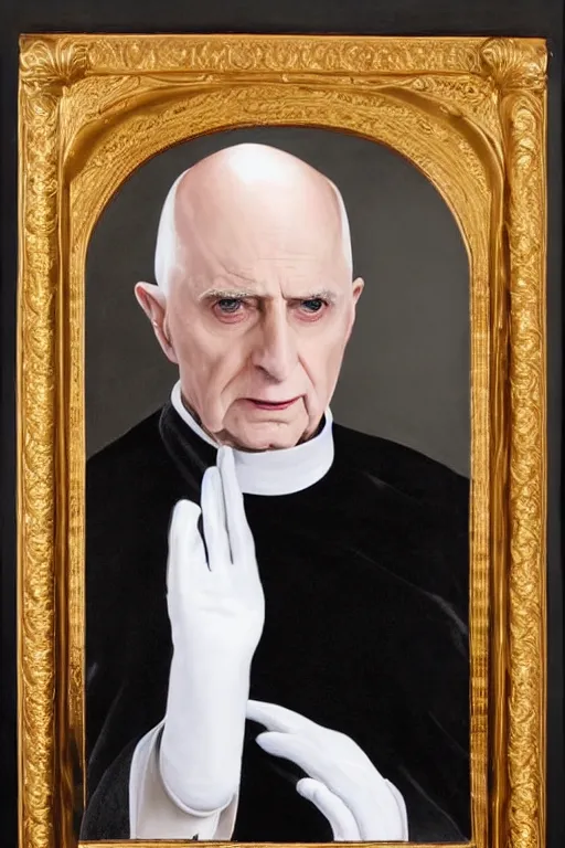 Image similar to a bald pale sorcerer in his late nineties. stately and dour in his expression. eyeliner accentuates his sunken eyes. a high black turtleneck covers his thin neck. opulent white golden red robe. white leather gloves with gold decoration, his face like benedict xvi, sharp focus, art by magali villeneuve