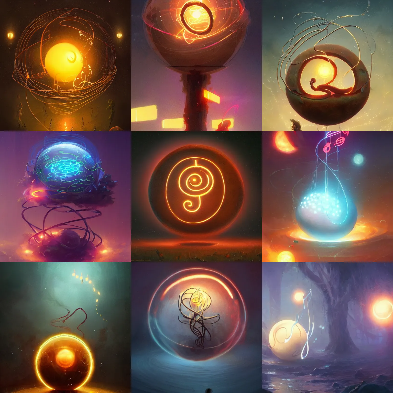 Prompt: glowing sound sphere with music note tendrils, by greg rutkowski and thomas kinkade, Trending on artstation