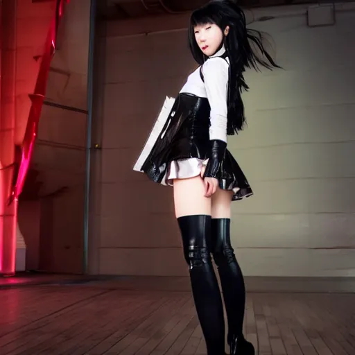 Image similar to a dynamic, epic cinematic 8K HD movie shot of a japanese young J-Pop idol girl wearing leather jacket, miniskirt, nylon tights and high heels boots. Motion, VFX, Inspirational arthouse