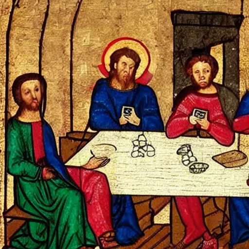 Prompt: Medieval painting of a group of friends sitting in a restaurant all watching their phones as the world is in flames around them