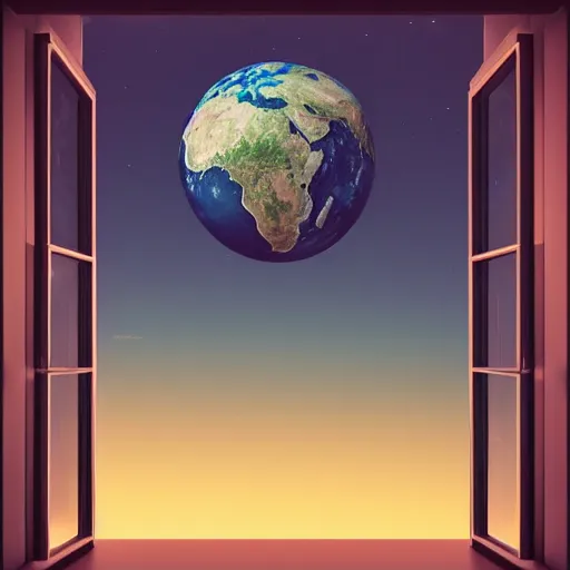 Image similar to a window!!!!! with a view of the earth through it, a computer rendering by mike beeple winkelmann, behance contest winner, cubo - futurism!!!!!, retrowave!!!!!, synthwave!!!!!, rendered in cinema 4 d