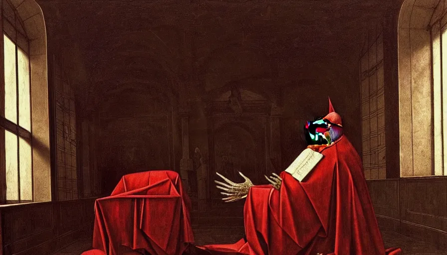 Prompt: the rotting cardinal sitting on a throne in the library, night, death, fear, horror, religion, hyperrealism, detailed and intricate environment, by caravaggio, by gigger