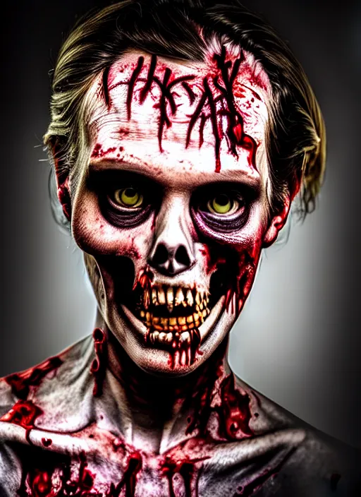 Image similar to zombie hollywood professional acting headshot, hyperrealism, intricate detailed, studio lighting, charming expression gesicht