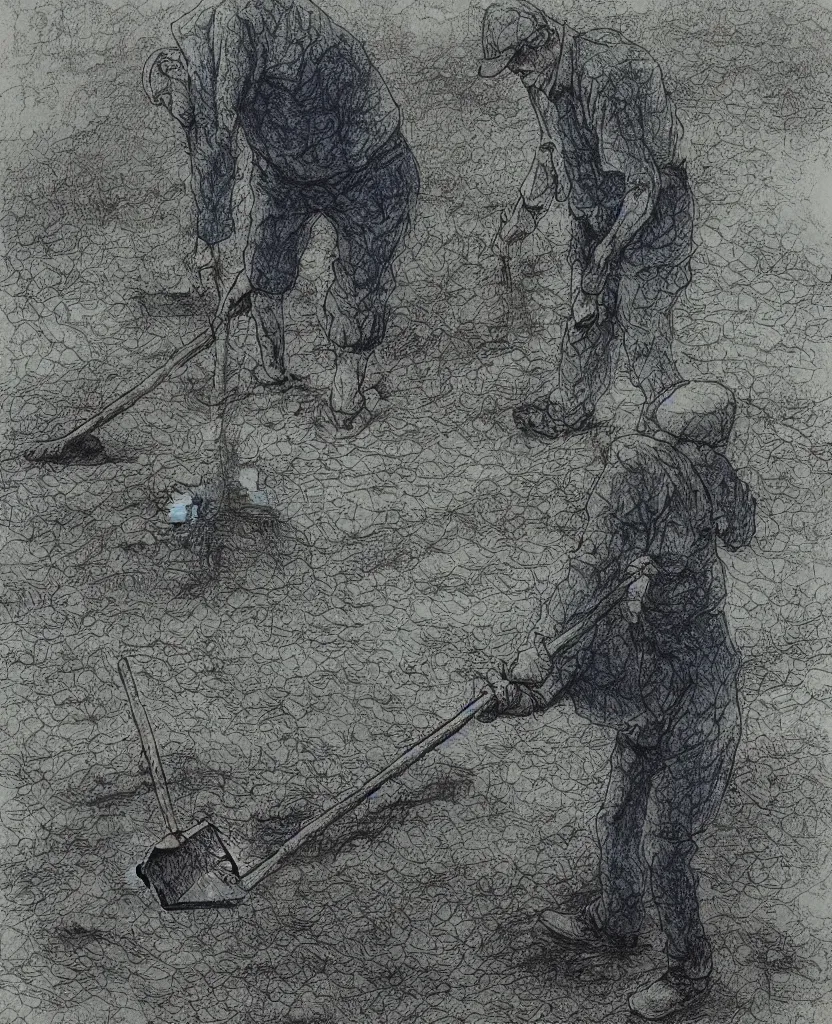 Image similar to a man with a shovel standing digging up a grave with a dead body in it, subtle blue, orange, and dark green tones, high quality, high detail, dark colors, sinister atmosphere, dramatic lighting, cinematic, establishing shot, extremely high detail, photo realistic, cinematic lighting, pen and ink, intricate line drawings, by Yoshitaka Amano, Ruan Jia, Kentaro Miura, Artgerm, post processed, concept art, artstation, matte painting, style by eddie mendoza, raphael lacoste, alex ross