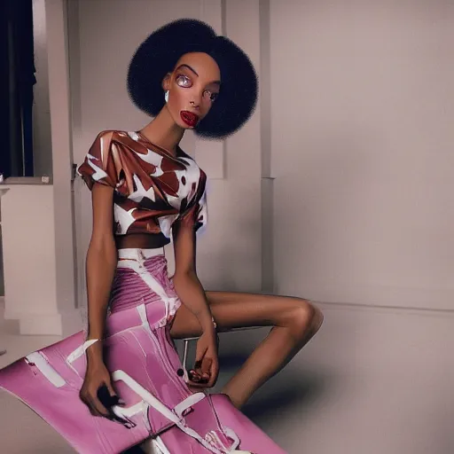 Image similar to realistic photoshooting for a new balenciaga lookbook, vhs colour photography, portrait of model Winnie Harlow woman, in style of Tyler Mitchell, 35mm,