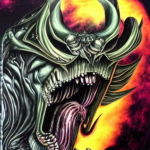 Prompt: marduk, devourer of worlds, detailed airbrush ink art in dark and muted colors art by oda eiichiro on dmt and shrooms