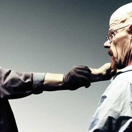 Image similar to A Still from Breaking Bad of Walter White slapping Walter White. Award winning still, shot on a studio grade camera, 4K.