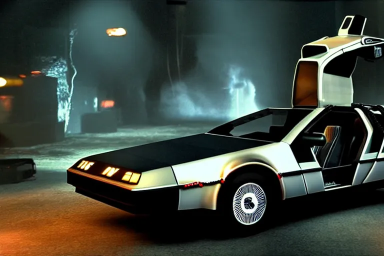 Image similar to photograph of the delorean from back to the future in half life 2, dark room, cinematic, volumetric lighting, hyperdetailed photograph