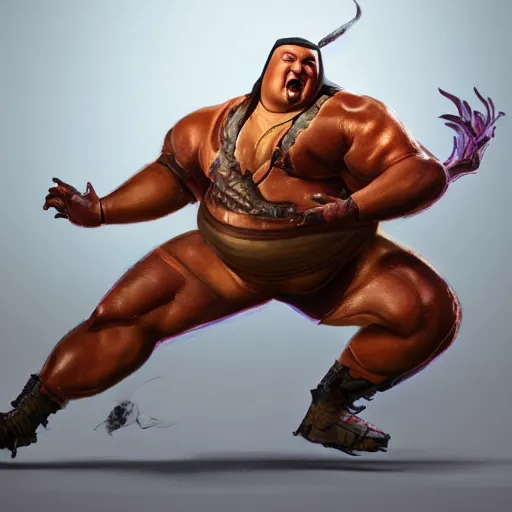 Prompt: hyper realistic, extremely obese steven seagal as scorpion from mortal komabt, unreal engine, greg rutkowski, beeple global illumination, translucent, sub - surface scattering,