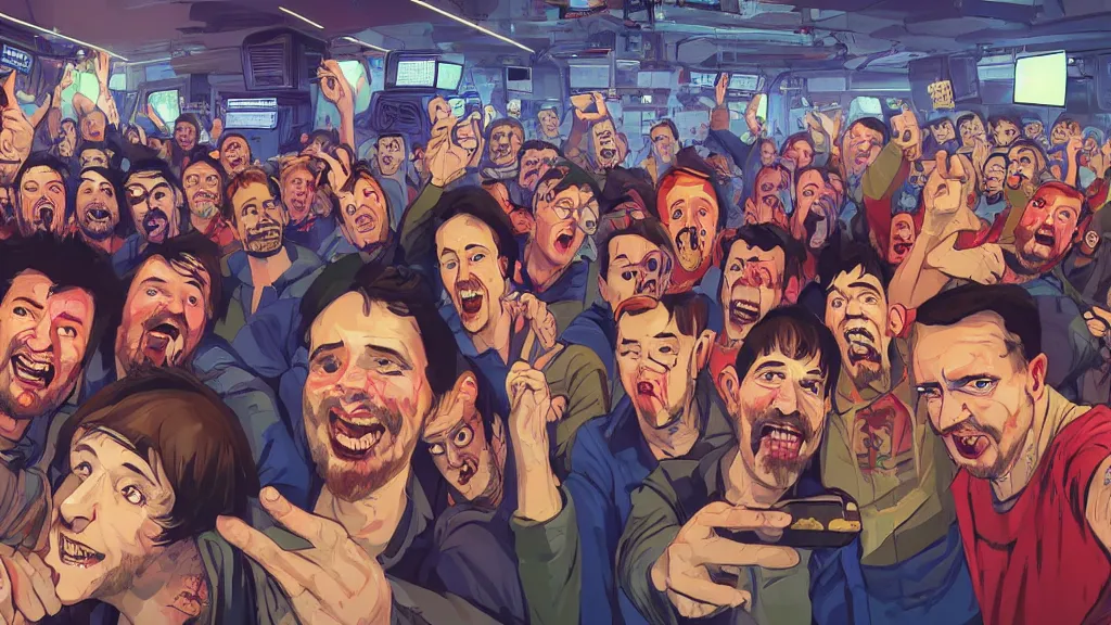 Prompt: selfie of a tight group of happy drunken hackers at a party in a highly detailed server room with computers everywhere and wires, netmeet, large speakers, in a scifi movie, vivid colors, by jamie hewlett, nuri iyem, james gurney, james jean, greg rutkowski, anato finnstark. hyper detailed, wide angle, perfect faces