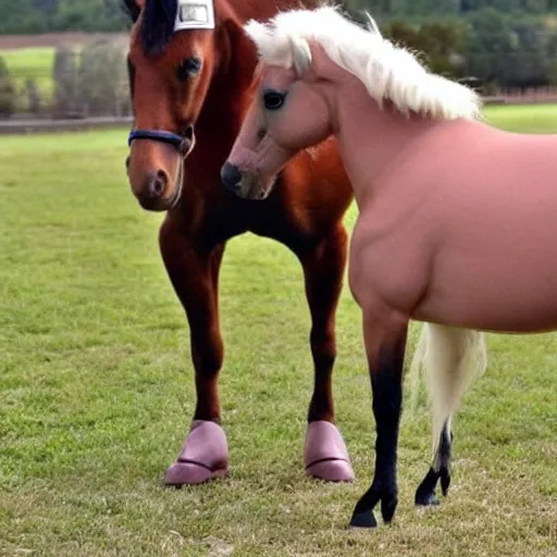 Image similar to the world's smallest horse-pony standing side by side with a shoe-crab, it's amazing how similar they are in size