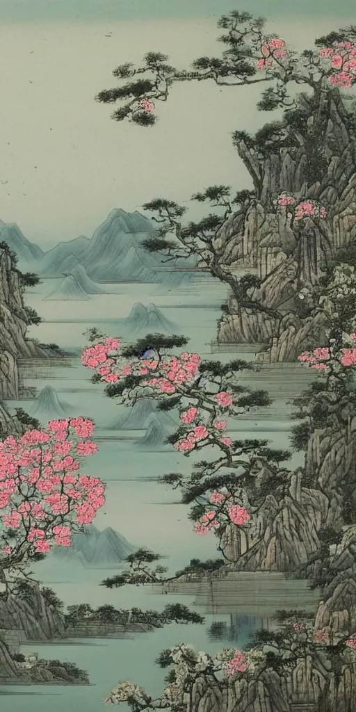 Image similar to summer manor with peony flowers and lake, chinese landscape painting