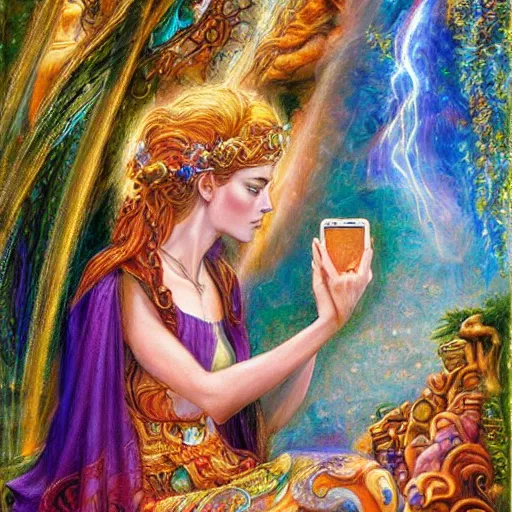 Image similar to goddess checking her phone, by josephine wall, trending on artstation, amanda sage