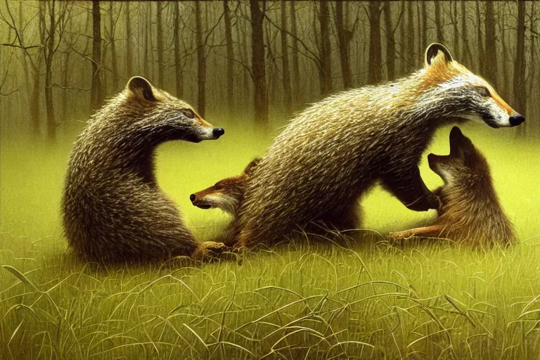 Prompt: photo, badgers and foxes having a fight, woodland location, stefan kostic and david cronenberg, realistic, sharp focus, 8 k high definition, intricate, chiaroscuro, elegant, perfect faces, symmetrical face, extremely detailed, hypnotic eyes, realistic, fantasy art, masterpiece zdzislaw beksinski, artgerm