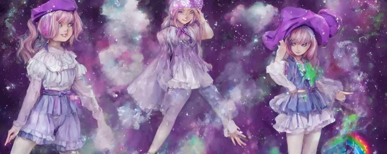 Prompt: A character sheet of a cute magical girl with short blond hair wearing an oversized purple Beret, Purple overall shorts, Short Puffy pants made of silk, pointy jester shoes, a big scarf, and white leggings. Rainbow accessories all over. Flowing fabric. Covered in stars. Short Hair. By Seb McKinnon. By WLOP. By Artgerm. By william-adolphe bouguereau. Fashion Photography. Decora Fashion. harajuku street fashion. Kawaii Design. Intricate. Highly Detailed. Digital Art. Fantasy painting. CGSociety. Sunlit. 4K. UHD. Denoise.