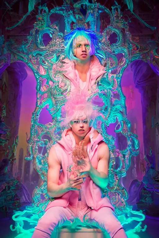 Image similar to full-body rococo and cyberpunk delicate neon crystalline sculpture of ((young muscular albino prince Joe Jonas)) as an iridescent humanoid deity wearing ((peach plastic hooded cloak)) (holding a human skull) in a white castle dungeon, reclining, glowing pink face, crown of (pink lasers), large blue diamonds, swirling black silk fabric. futuristic elements. oozing glowing liquid, full-length view. space robots. intricate artwork by caravaggio. Trending on artstation, octane render, cinematic lighting from the right, hyper realism, octane render, 8k, depth of field, 3D