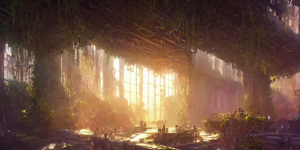 Image similar to a fantasy solarpunk building interior, landscape illustration by greg rutkowski, bright sunlight, sun glints, vivid and colorful trees and plants and flowers, smooth digital concept art, 4 k, trending on artstation