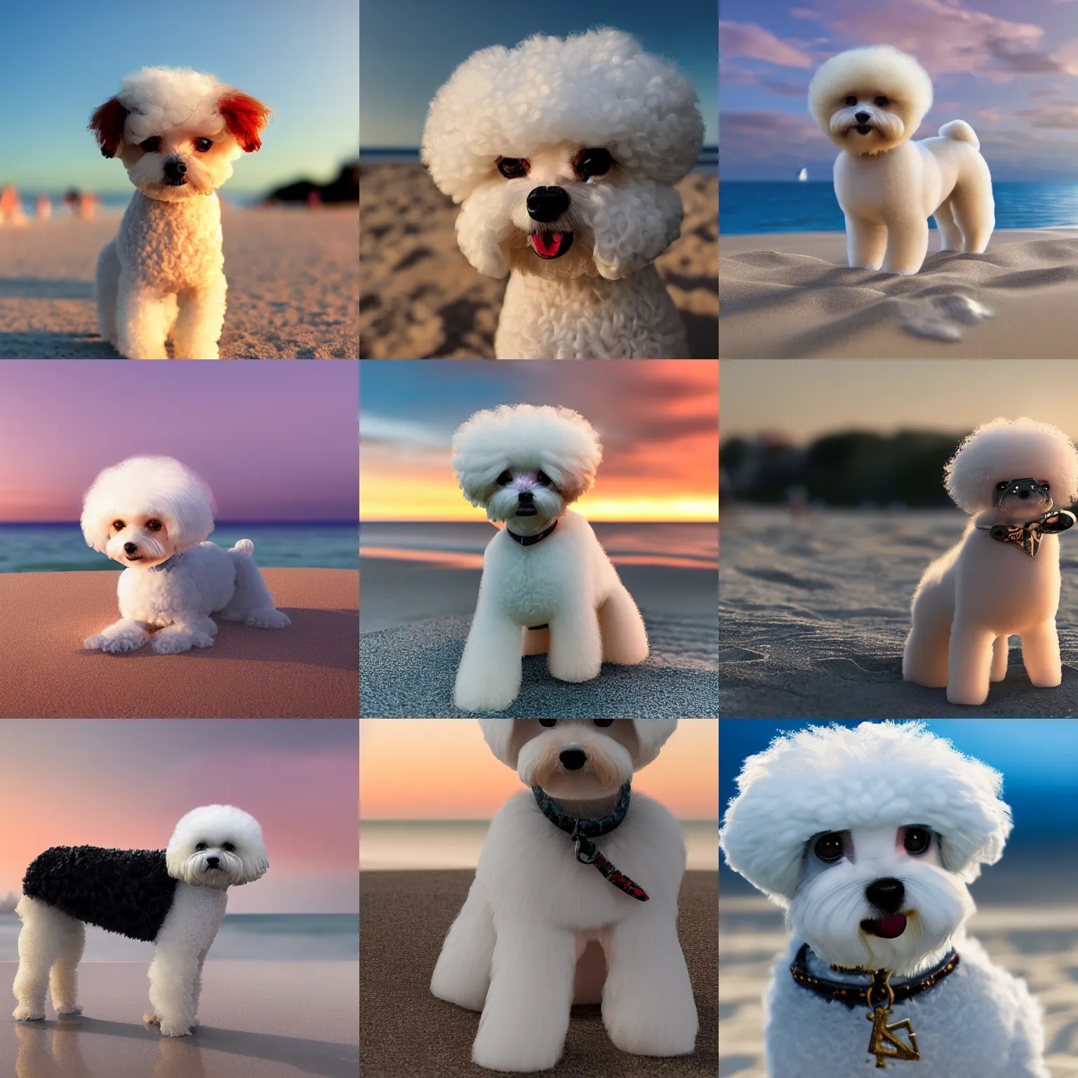 Prompt: a closeup photorealistic photograph of a Louis Vuitton themed bichon frise at the beach during sunset This 4K HD image is Trending on Artstation, featured on Behance, well-rendered, extra crisp, features intricate detail and the style of Unreal Engine.