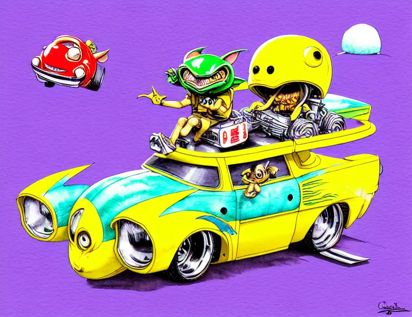 Image similar to cute and funny, gremlin wearing a helmet riding in a hot rod with oversize engine, ratfink style by ed roth, centered award winning watercolor pen illustration, isometric illustration by chihiro iwasaki, edited by range murata, tiny details by artgerm and watercolor girl, symmetrically isometrically centered