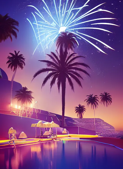 Image similar to 🌟🌜fireworks, Art Deco, in SANTORINI island, palm trees, crystal clear neon water, starry night, Trending artstation, octane render, cgsociety, surrealist, cinematic, shadow of the tomb rider