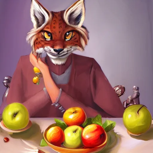 Image similar to a painting of an anthropomorphic lynx sitting at a table with apples, a character portrait by lois van baarle, furry art, speedpainting, furaffinity, tarot card, yoshitaka amano style