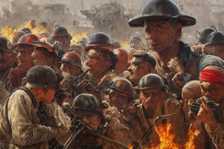 Image similar to intense dramatic still of a ragtag group of miners and factory workers with improvised weapons and firearms and red bandanas around their necks, on the surface of an asteroid, outside of a high tech industrial building, oil painting by charles frederic ulrich, norman rockwell, greg rutkowski, trending on artstation, incredible detail