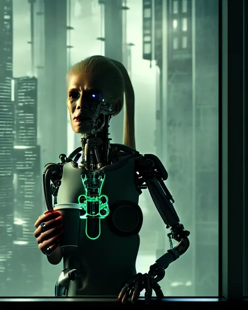 Image similar to a terminator cyborg lady with borg implants and a human face is drinking coffee near a window with dystopian city visible outside. tiny green led lights in her cybernetics. very detailed 8 k. horror cyberpunk style.